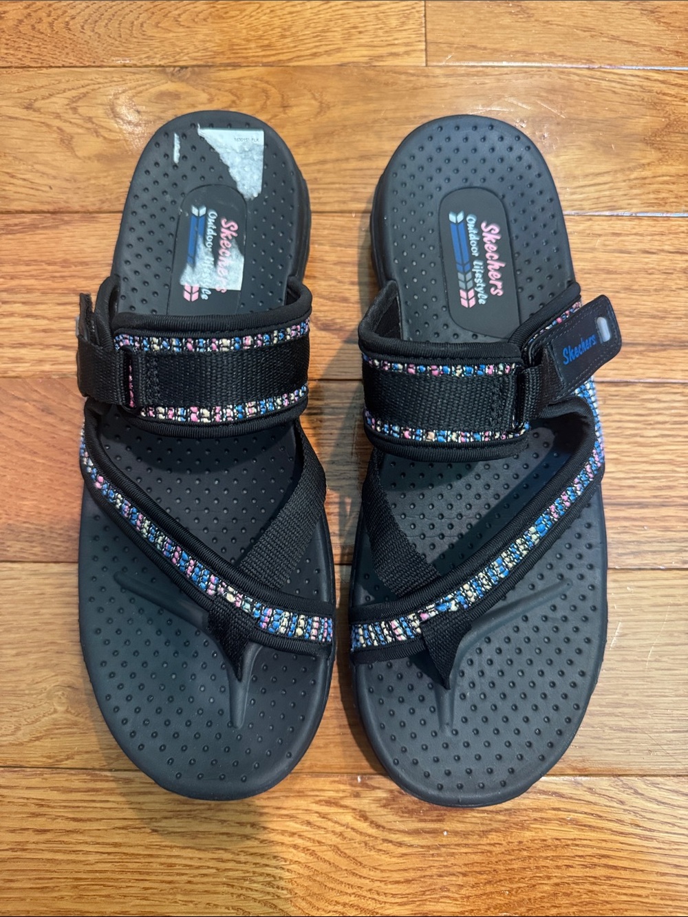 Skechers Women's Reggae Black Sandals with Multicolor Accent - Picture 1 of 5